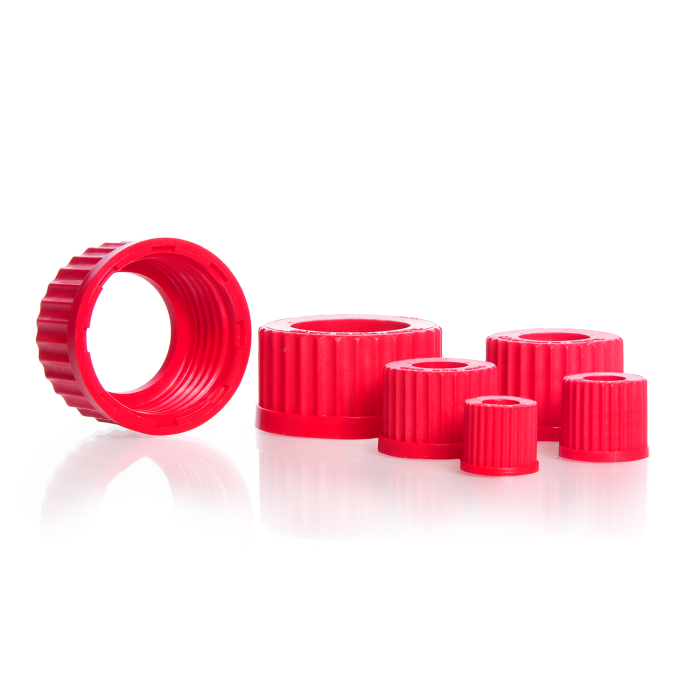 DURAN® Open Topped Screw Cap, with central aperture, PBT, red